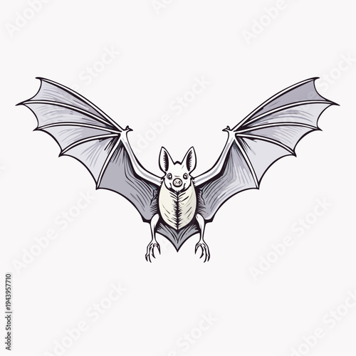 Elegant hand-drawn illustration of a nocturnal bat in full flight, showcasing its spread wings and intricate details, ideal for nature or spooky themes