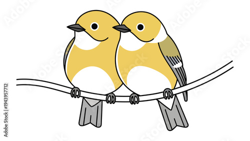 Birds in Harmony: Two adorable birds perched together on a slender wire, their presence radiates a sense of peace and closeness.