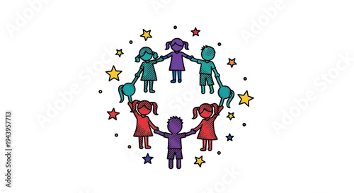 Diverse children holding hands together.