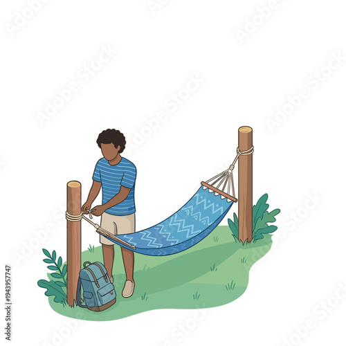 Man setting up hammock outdoors in nature with backpack nearby on grass