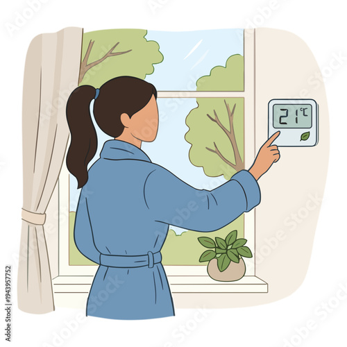 Woman adjusting thermostat on wall near window with trees outside
