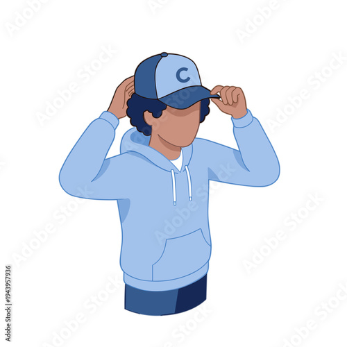 A man is putting on a baseball cap and adjusting it while wearing a light blue hoodie.