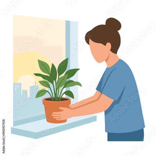 Woman holds potted plant on windowsill with city view outside