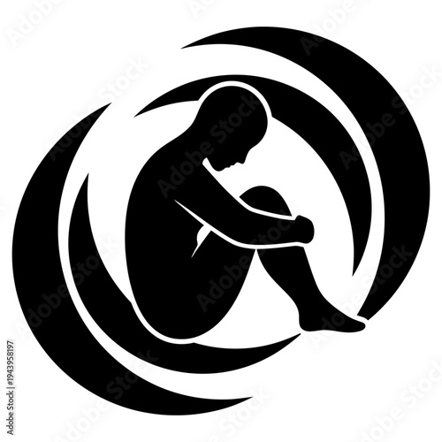 Therapy support icon showing human figure sitting in fetal position with curved shapes | emotional care and mental health | solid black vector design