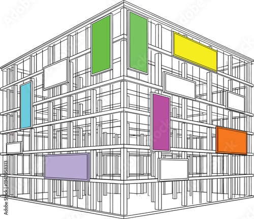 Architectural vector illustration of a modern glass cuboid building featuring a multi-story structural grid and vibrant, multi-colored digital billboards.