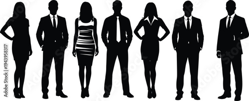 Professional business team men and women in suits dresses, confident standing poses hands on hips, black silhouette vector illustration, corporate group