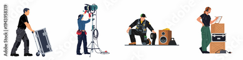 Set of vector illustrations showing a professional stagehand crew working with equipment, lighting, and logistics for event production and backstage setup.