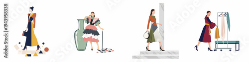 Set of four flat fashion illustrations of women in stylish, high-end editorial outfits, featuring abstract backgrounds, elegant dresses, and chic accessories.