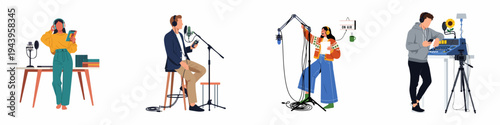Flat Vector Illustration Collection of Diverse People Recording Podcasts, Broadcasting, and Using Professional Audio Equipment in Various Studio Settings