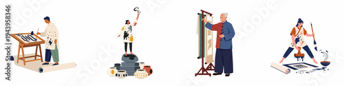 Diverse set of illustrations featuring people practicing traditional Chinese calligraphy and ink arts with brushes, scrolls, and ceramic pottery.
