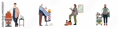 Set of professional barbers and hairstylists with tools and equipment in a modern barbershop illustration.