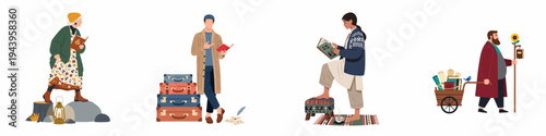 Diverse characters depicted in various scenes involving reading, traveling, and nature, presented in a stylish, flat vector illustration set against a white background.
