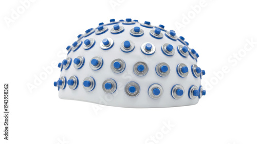 EEG electrode cap with blue and silver buttons