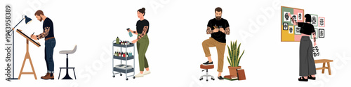 Vector illustration of professional tattoo artists in a studio, featuring drawing, organizing ink supplies, setting up machines, and displaying flash art designs.