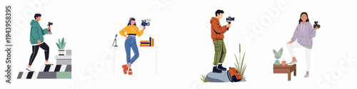 Flat vector illustration of various content creators including vloggers, photographers, and videographers using professional equipment in different settings for social media and blogs.
