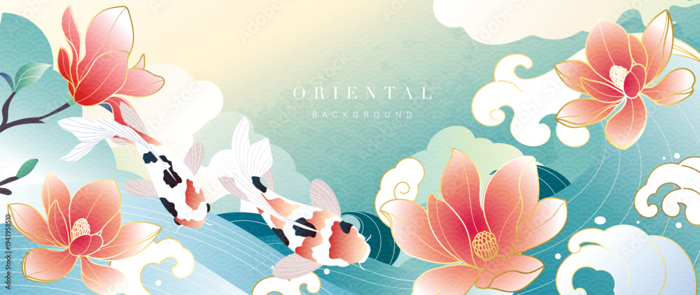 Naklejka premium Koi fish and magnolia oriental background vector. Pink flowers, clouds and swimming koi in elegant Asian design for banner, greeting card, wall art, packaging and digital media.