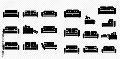 Set of black silhouette sofa and couch icons for home and office furniture design.