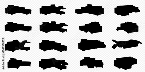 Set of black pixelated silhouettes of various vehicles and futuristic objects on a checkered background.