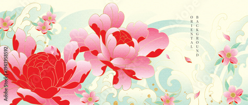Peony flower Japanese background vector. Red and pink peony blooms with soft ornamental details in elegant oriental floral design for banner, wall art, packaging and digital media.