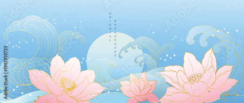Lotus and Japanese wave pastel background vector. Pink lotus flowers with soft blue water and elegant golden wave lines for banner, greeting card, wall art and packaging.