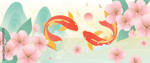 Koi fish and cherry blossom oriental background vector. Red koi with pink sakura flowers in soft Asian spring landscape for banner, greeting card, wall art, packaging and digital media.