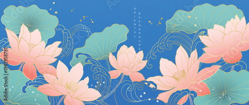 Lotus and Japanese wave oriental background vector. Pink lotus flowers on deep blue water with elegant golden wave lines for banner, wall art, packaging and digital media.