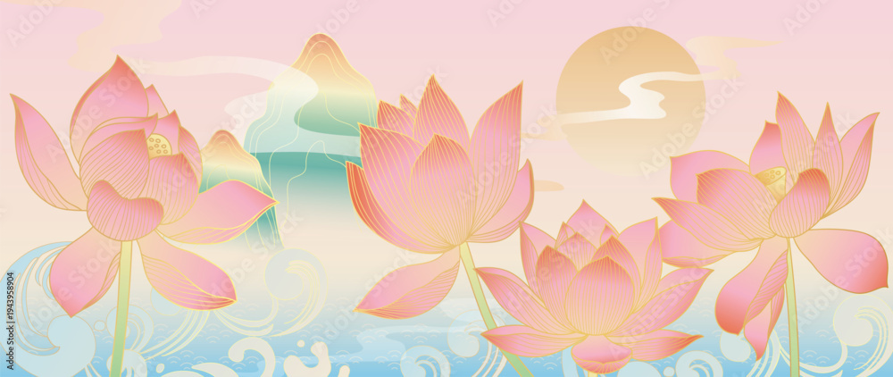 Fototapeta premium Lotus flower moonlight oriental background vector. Pink lotus blooms, mountains and water in soft pastel Asian landscape for banner, wall art, packaging and digital media.