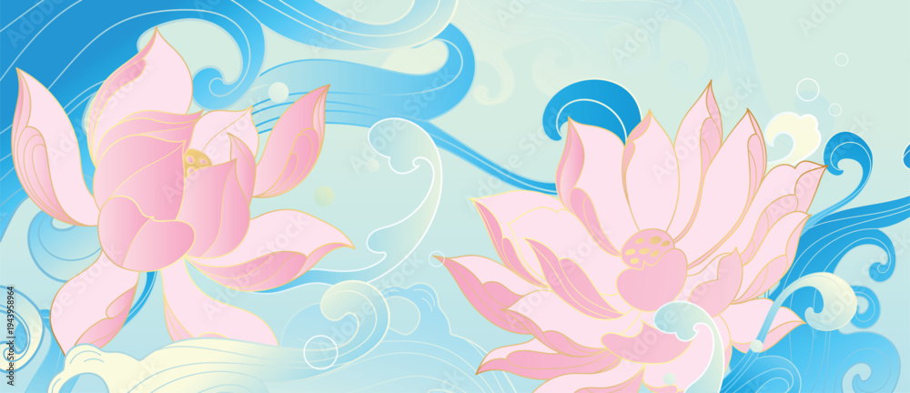 Fototapeta premium Lotus flower oriental water background vector. Pink lotus blooms with flowing blue water in elegant Asian floral design for banner, greeting card, wall art and packaging.