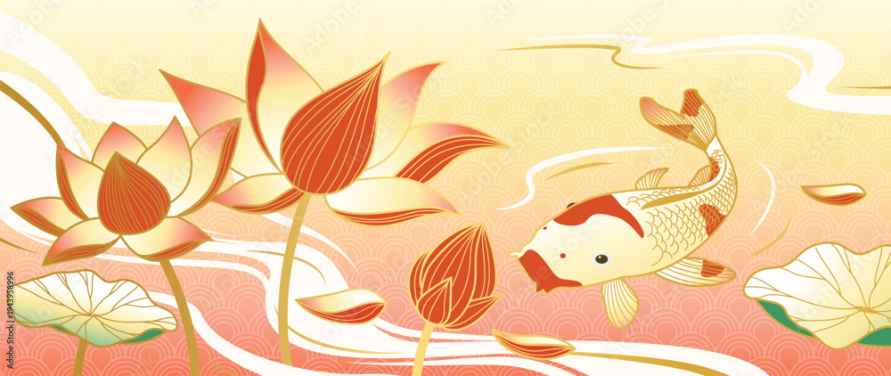 Fototapeta premium Lotus and koi fish oriental background vector. Orange koi swimming among lotus flowers and leaves in soft pastel water landscape for banner, card, packaging and digital media.
