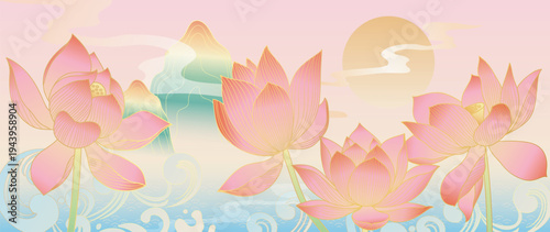 Lotus flower moonlight oriental background vector. Pink lotus blooms, mountains and water in soft pastel Asian landscape for banner, wall art, packaging and digital media.