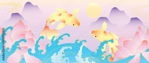 Koi fish and wave oriental background vector. Pastel mountains, sun, blue waves and golden koi in dreamy Asian landscape for banner, wall art, packaging and digital media.