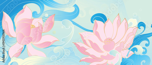Lotus flower oriental water background vector. Pink lotus blooms with flowing blue water in elegant Asian floral design for banner, greeting card, wall art and packaging.