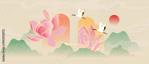 Lotus and mountain oriental background vector. Pink lotus flowers, green hills, flying birds and soft sunrise in elegant Asian landscape for banner, wall art and packaging.
