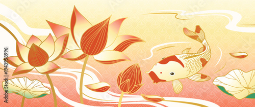 Lotus and koi fish oriental background vector. Orange koi swimming among lotus flowers and leaves in soft pastel water landscape for banner, card, packaging and digital media.
