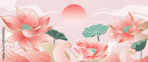 Lotus flower oriental background vector. Pink lotus blooms with sunrise, soft waves and leaves for banner, greeting card, wall art, packaging and digital media.