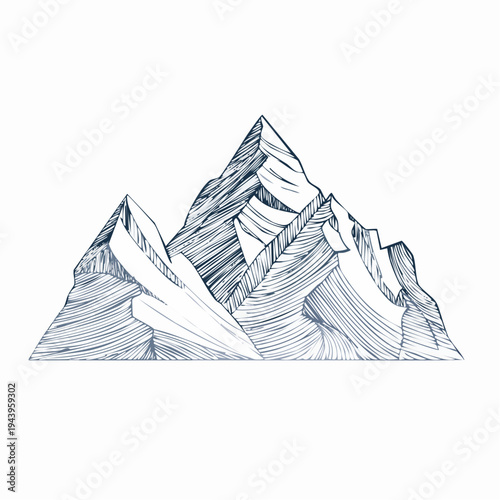 Hand-drawn mountain illustration, a conceptual design for adventure, wild nature, and majestic peaks