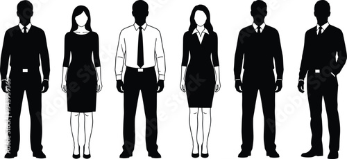 Professional business team silhouettes in formal suits and dresses, black vector illustration, men and women corporate poses, elegant office attire collection