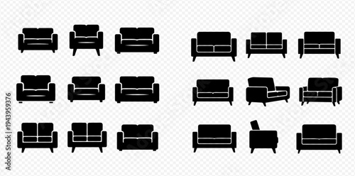 Set of various black sofa and armchair icons for furniture and interior design.