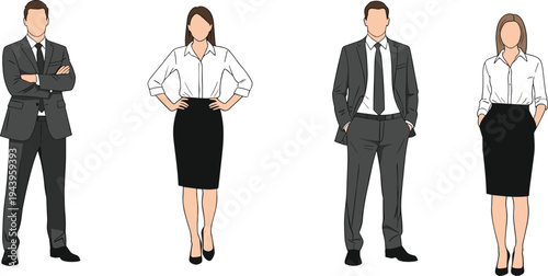 Professional business team men and women in suits shirts skirts, confident standing poses, line art fashion figures vector illustration, blank faces