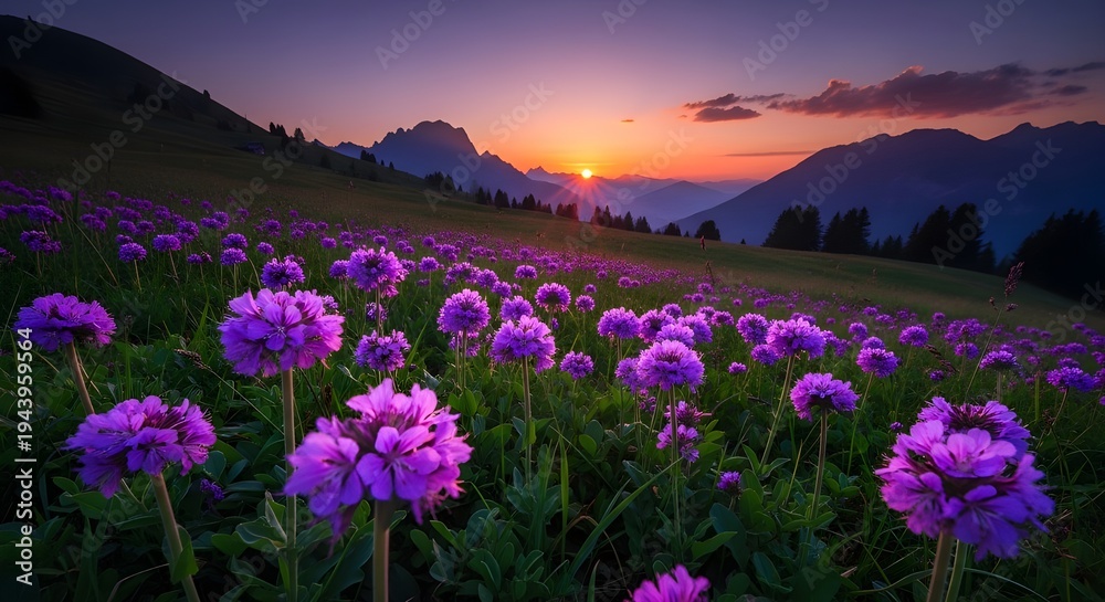 Obraz premium Vibrant purple wildflowers in a mountain meadow at sunset with a breathtaking sky