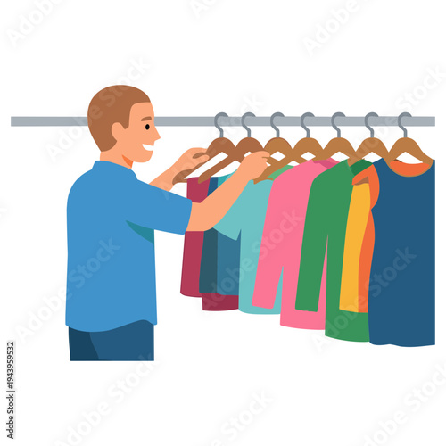 Man choosing colorful clothes on a rack in a store interior