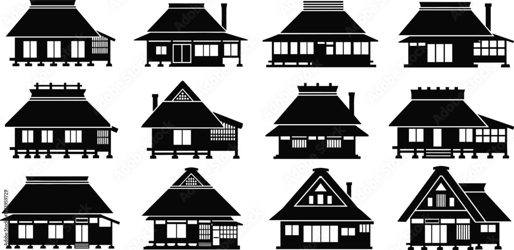 Fototapeta premium Traditional Japanese house silhouette vector set with rural village homes, wooden architecture, thatched roof cottages, and classic Asian building icons