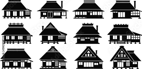 Traditional Japanese house silhouette vector set with rural village homes, wooden architecture, thatched roof cottages, and classic Asian building icons