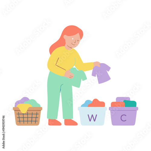 A woman sorts colorful laundry into different baskets indoors.
