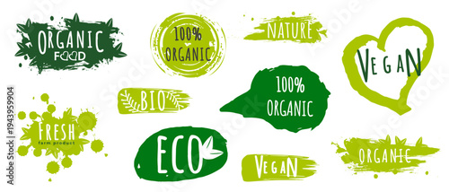 Organic and vegan labels set. Vector illustration of hand-drawn green eco badges with brushstroke texture. Minimalist style for organic food packaging and healthy lifestyle marketing.
