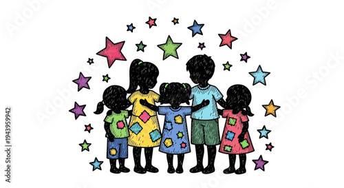 Diverse group of happy children standing.