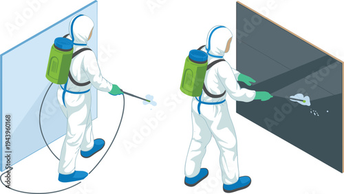 Sanitation workers disinfecting wall surfaces, hazmat suit cleaners spraying disinfectant, virus prevention hygiene service, isometric professional cleaning illustration