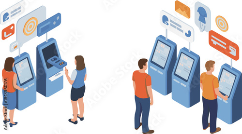 Self service payment kiosks with people using touchscreen terminals, digital customer service technology, interactive interface concept isometric vector illustration