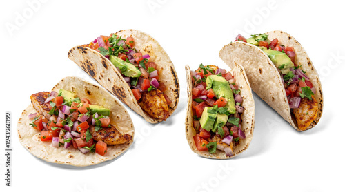 Fotografía isolated image of grilled fish tacos with fresh pico de gallo and avocado, on a transparent background for versatile design use