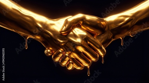 Two golden liquid hands forming handshake symbolizing partnership trust agreement and collaboration concept illustration